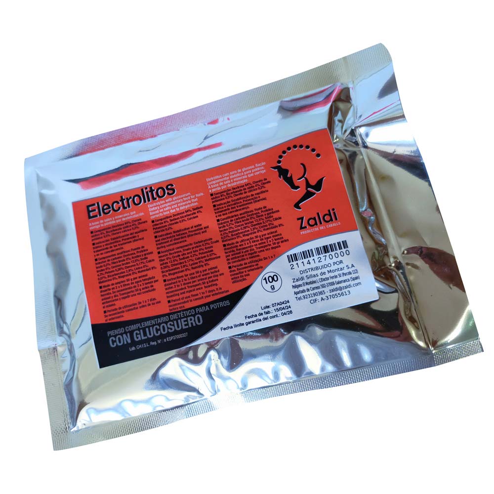 Pacote prateado de suplemento Electrolytos com rótulo vermelho, 100g