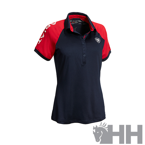 Polo desportivo feminino azul escuro com mangas vermelhas e detalhes em vermelho