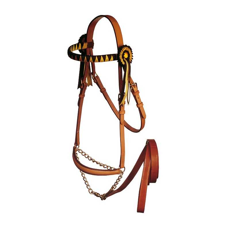 Cabeçada para cavalo em pele castanha com detalhes preto e amarelo e guia em pele castanha