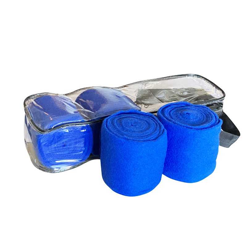 Conjunto de bandagens elásticas azuis em bolsa transparente com alça preta.