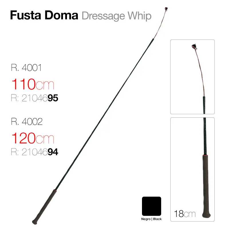 Fusta Doma Dressage Whip cabo preto e pega escura antiderrapante.