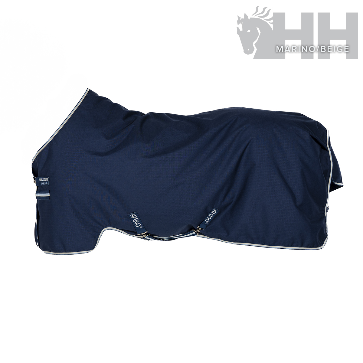 Cobertura para cavalo azul marinho com detalhes brancos e etiquetas HORSEWARE e AMIGO.