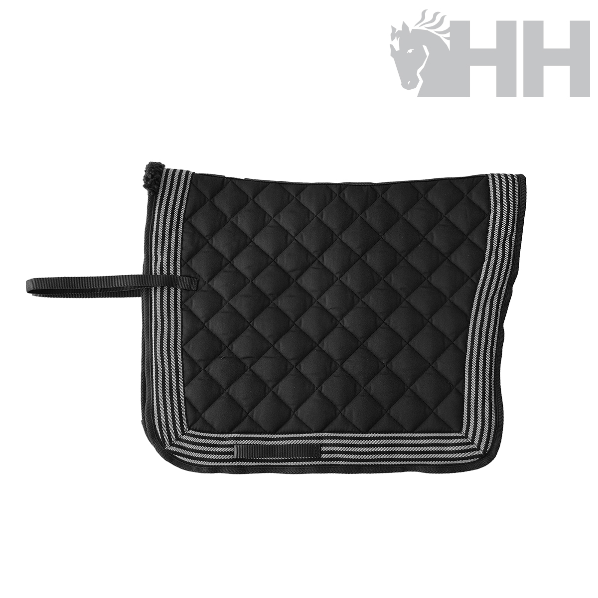 Tapete de sela preto matelassê com bordas listradas e aba lateral