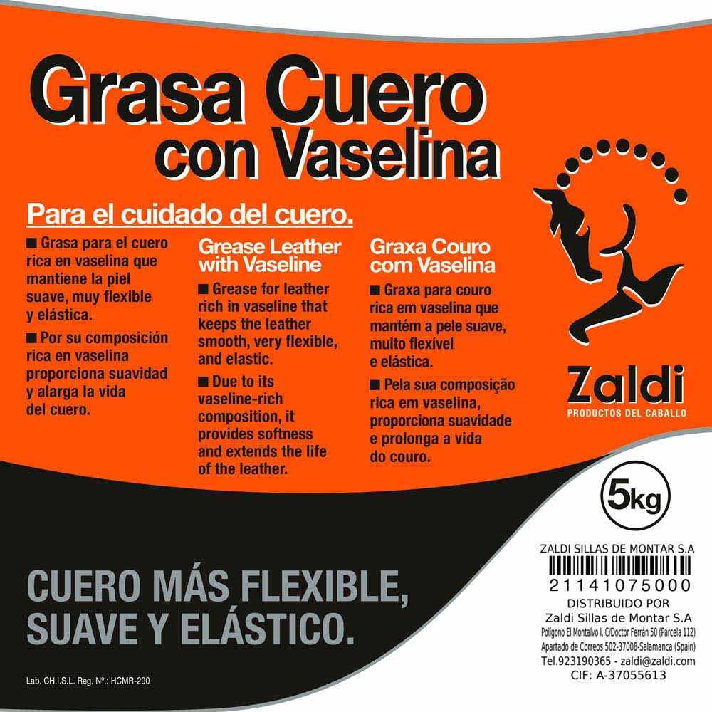 Embalagem de produto para cuidados com couro Zaldi Grasa Cuero con Vaselina 5kg com texto em espanhol, inglês e português