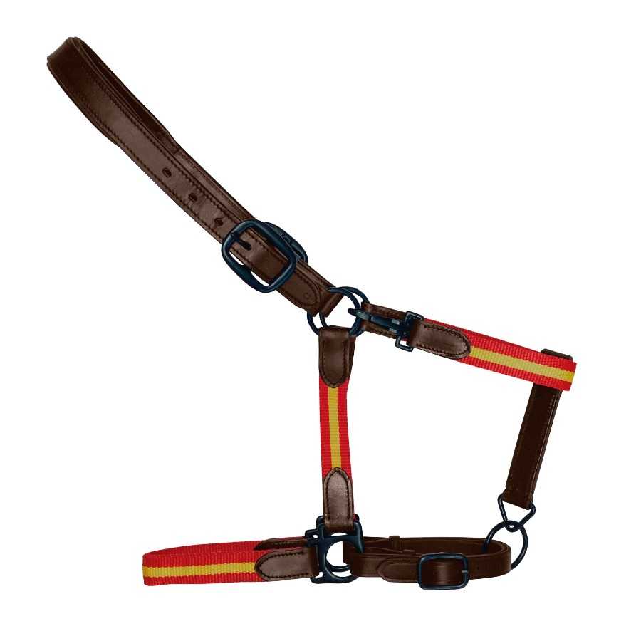 cabresto para cavalo em sintético marron com detalhes em vermelho e amarelo