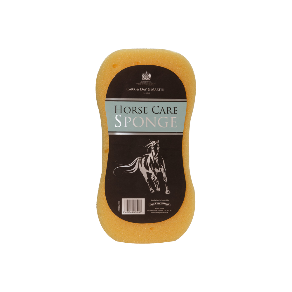 Esponja amarela para cuidados de cavalo com etiqueta preta e azul claro