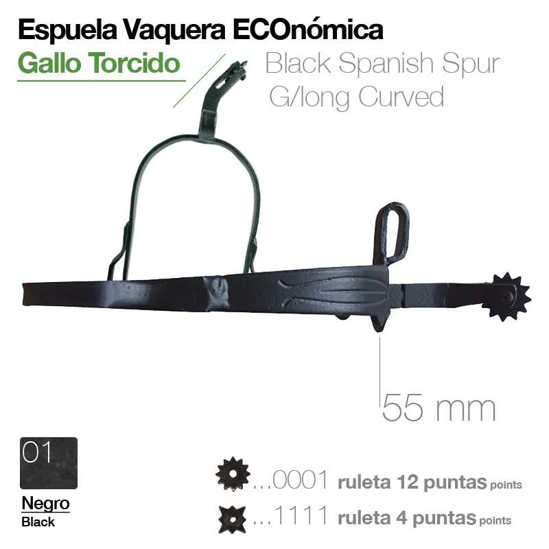 Espuela vaqueira económica preta com roda dentada preta e design curvado