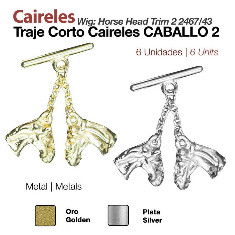 Caireles metálicos dourado e prateado com pendente cabeça de cavalo para traje curto.