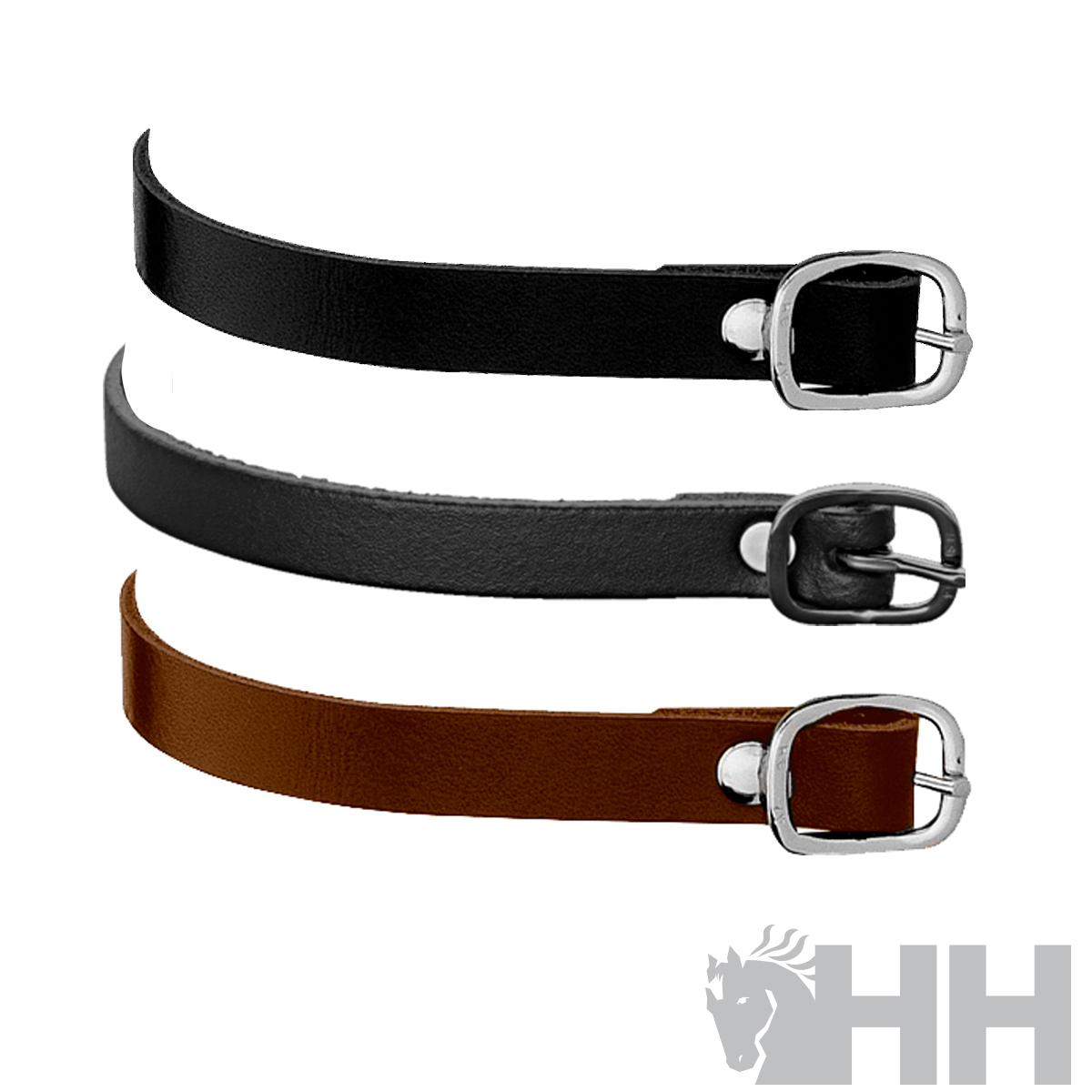 Três correias de cinto em pele com fivelas metálicas, em várias cores, sobre fundo branco