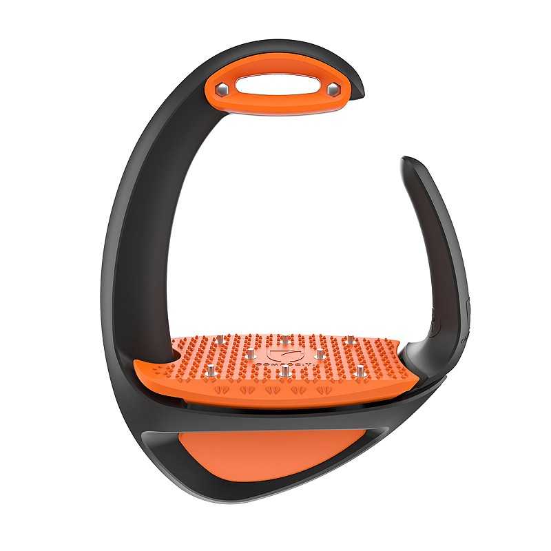 Estribo de equitação preto e laranja com superfície antiderrapante