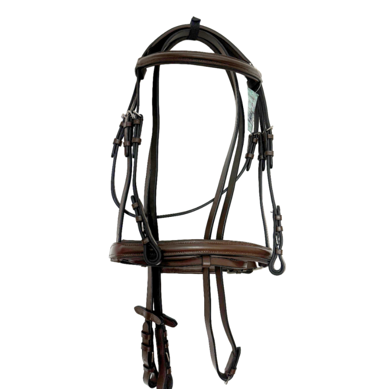 Bridão de cavalo em pele castanha com fivelas metálicas