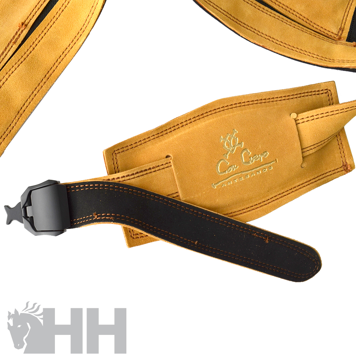 Correia para guitarra em couro castanho claro com detalhes em preto e fecho metálico