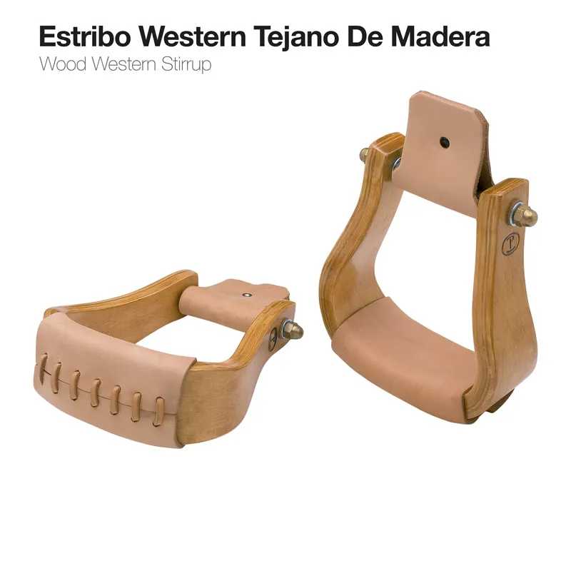 Estribo Western Tejano De Madera em madeira e couro bege