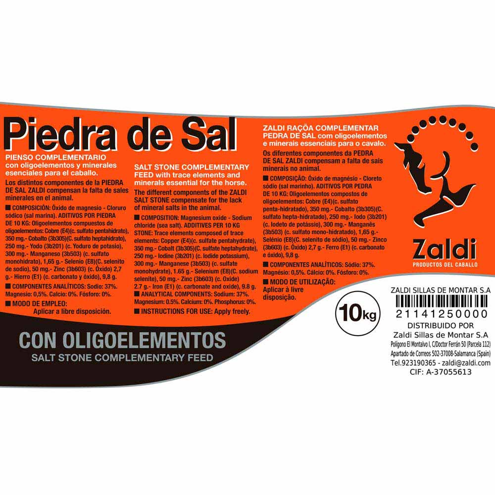 Rótulo laranja e preto de pedra de sal complementar para cavalos Zaldi 10 kg.