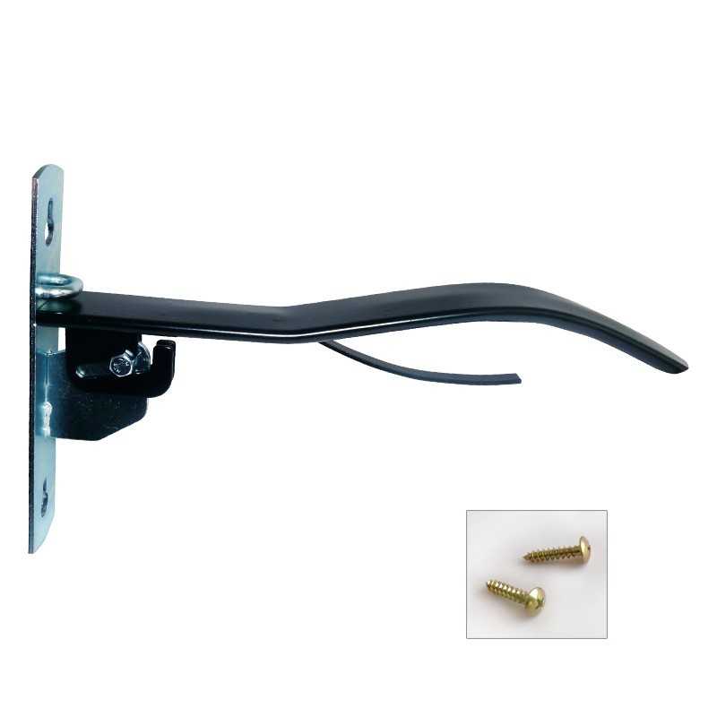 Suporte metálico preto curvo para prateleiras com parafusos dourados