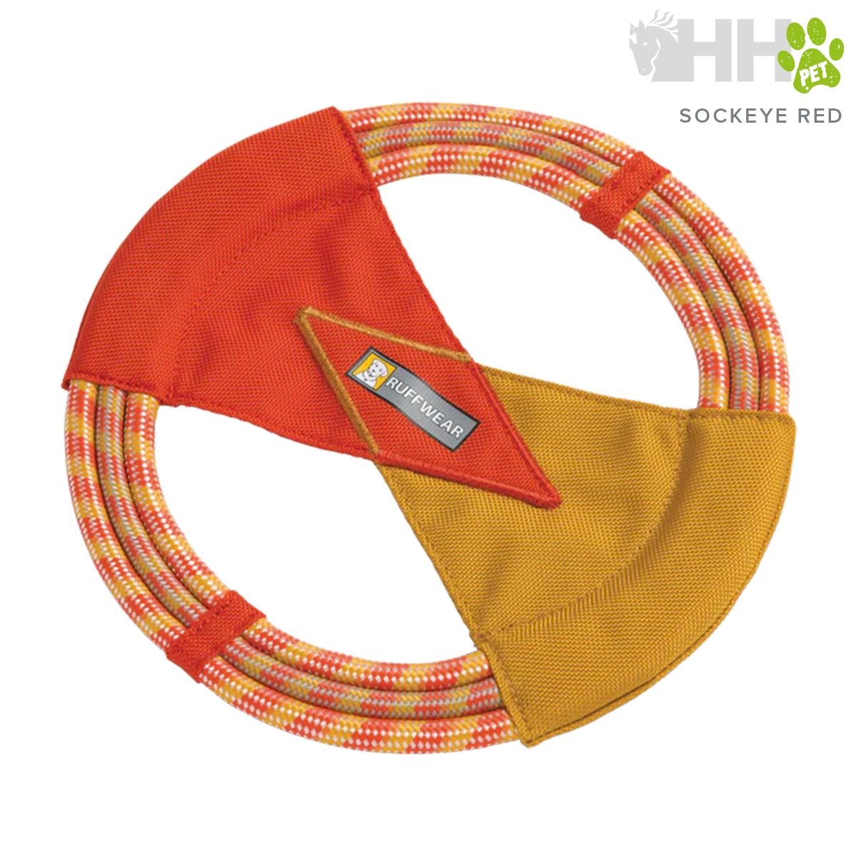 Brinquedo circular para cães em corda colorida com tecido laranja e castanho e etiqueta RUFFWEAR