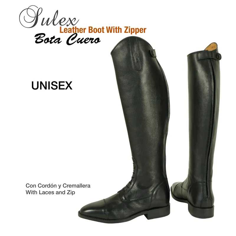 Bota alta de couro preta unissexo com zíper e atacadores