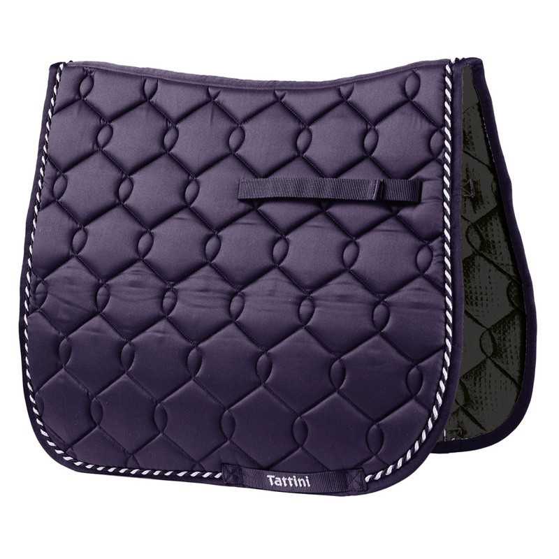 Taco de sela roxo acolchoado com bordas em cordão branco e roxo, etiqueta Tattini