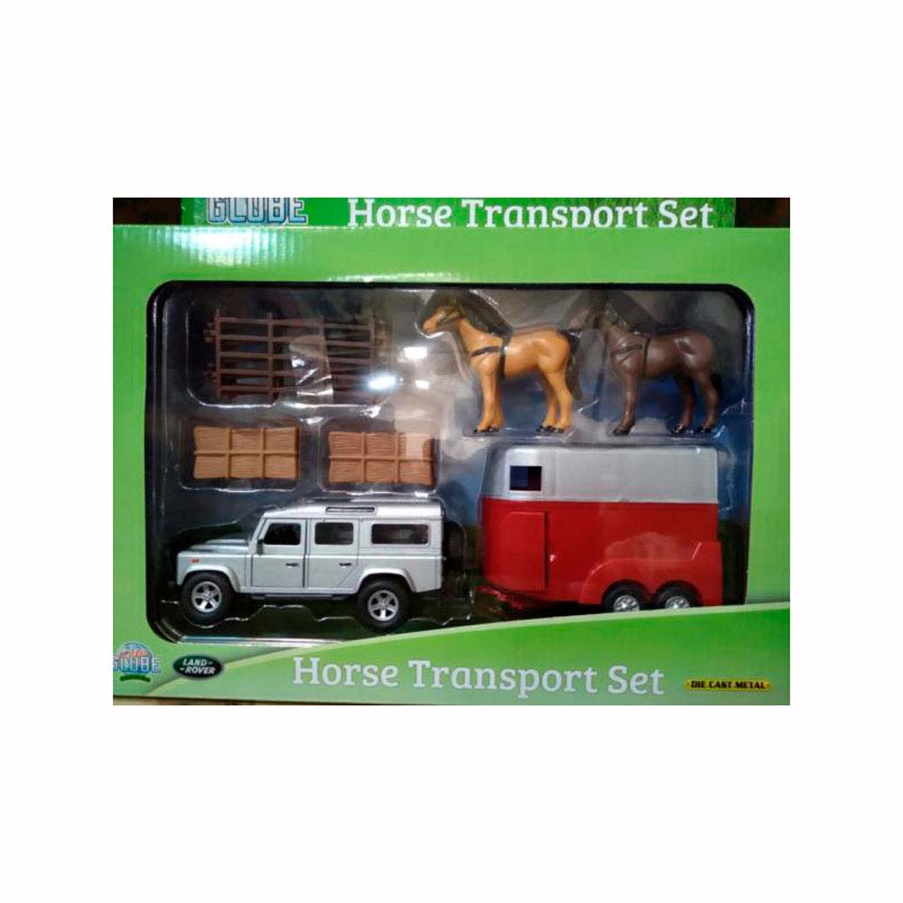 Conjunto de transporte de cavalos com carrinha, reboque, cavalos, caixas e cerca na embalagem