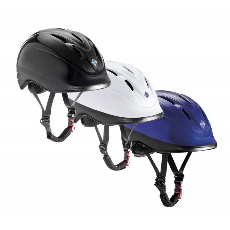 Três capacetes de segurança preto, branco e azul com fitas ajustáveis e logótipo azul.