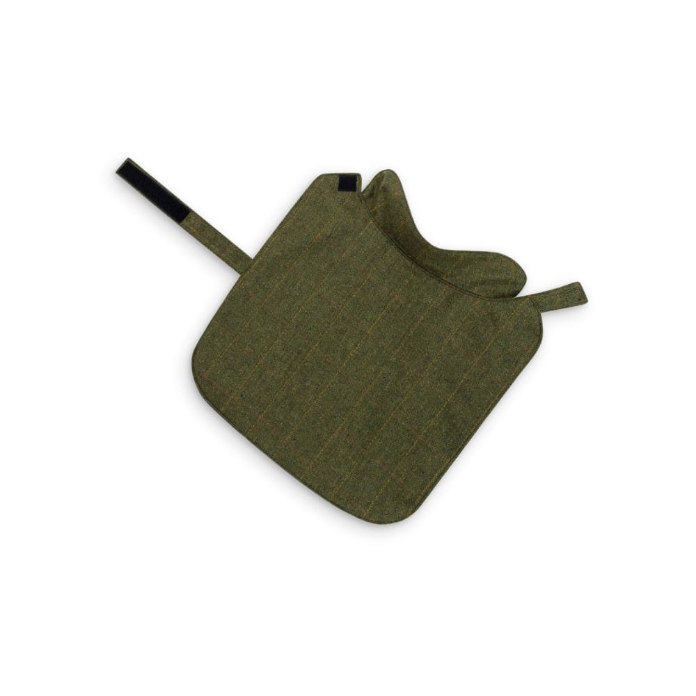 Pegas de cozinha verdes com padrão de riscas e fechos em velcro