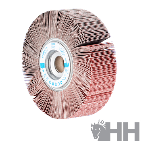 Roda de lixa abrasiva com folhas castanho-avermelhadas e núcleo metálico com etiqueta azul e branca