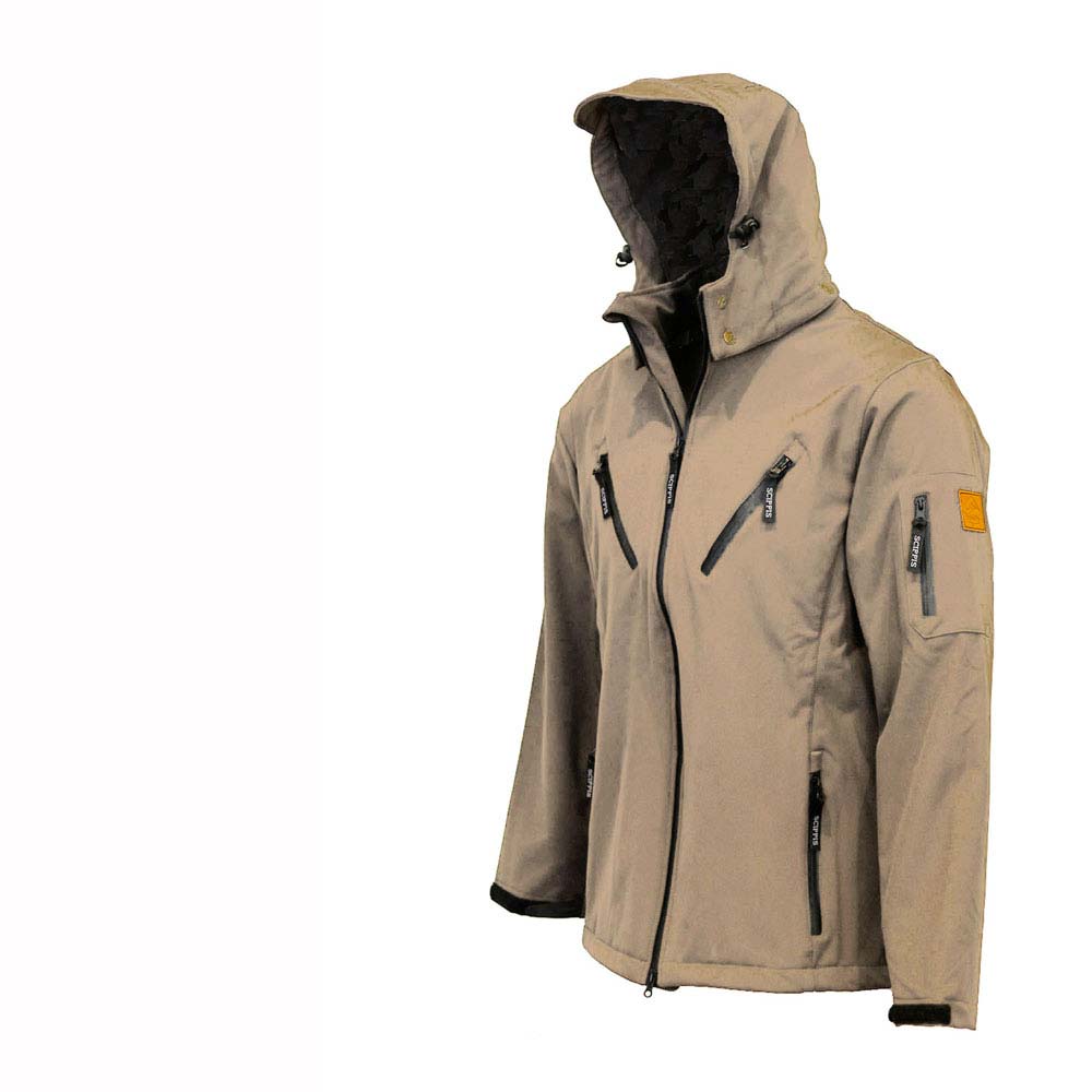 Casaco bege com capuz e vários bolsos com fechos de correr pretos