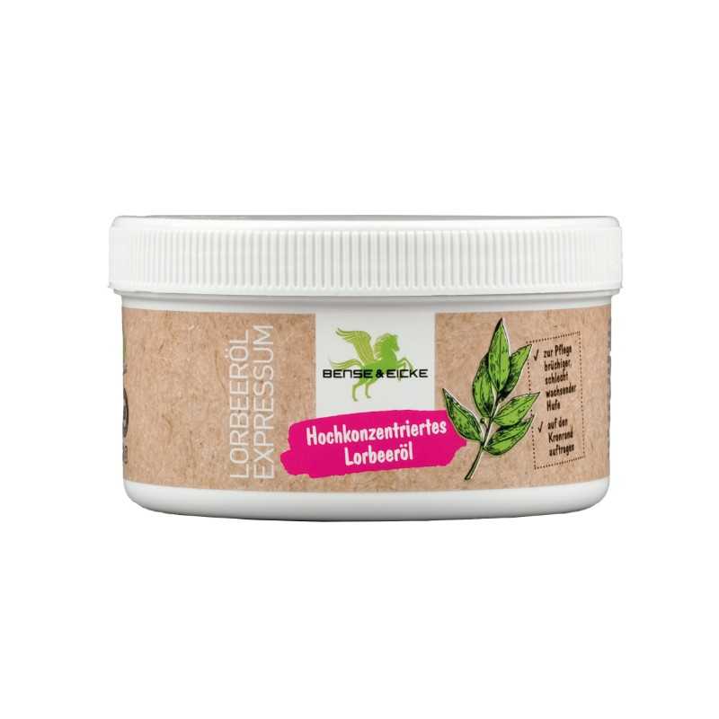 Frasco branco com rótulo bege e rosa de creme de óleo de louro