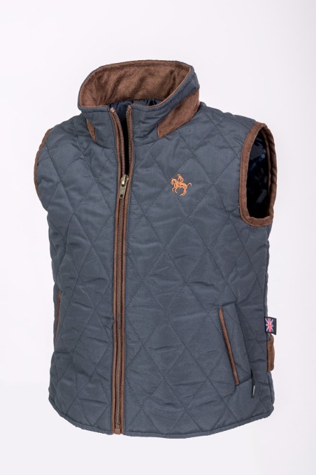 Colete cinzento para criança com detalhes castanhos e costuras em losangos