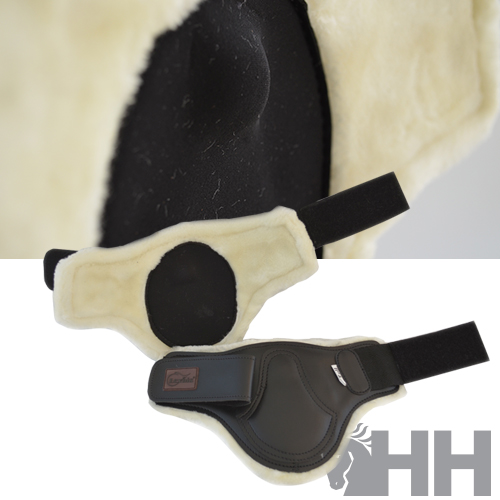 Proteções para equitação pretas e bege com velcro e acolchoado
