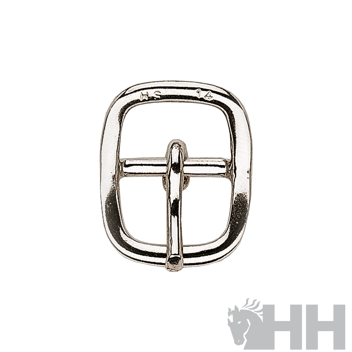 Fivela metálica prateada rectangular com cantos arredondados e inscrição HS 14