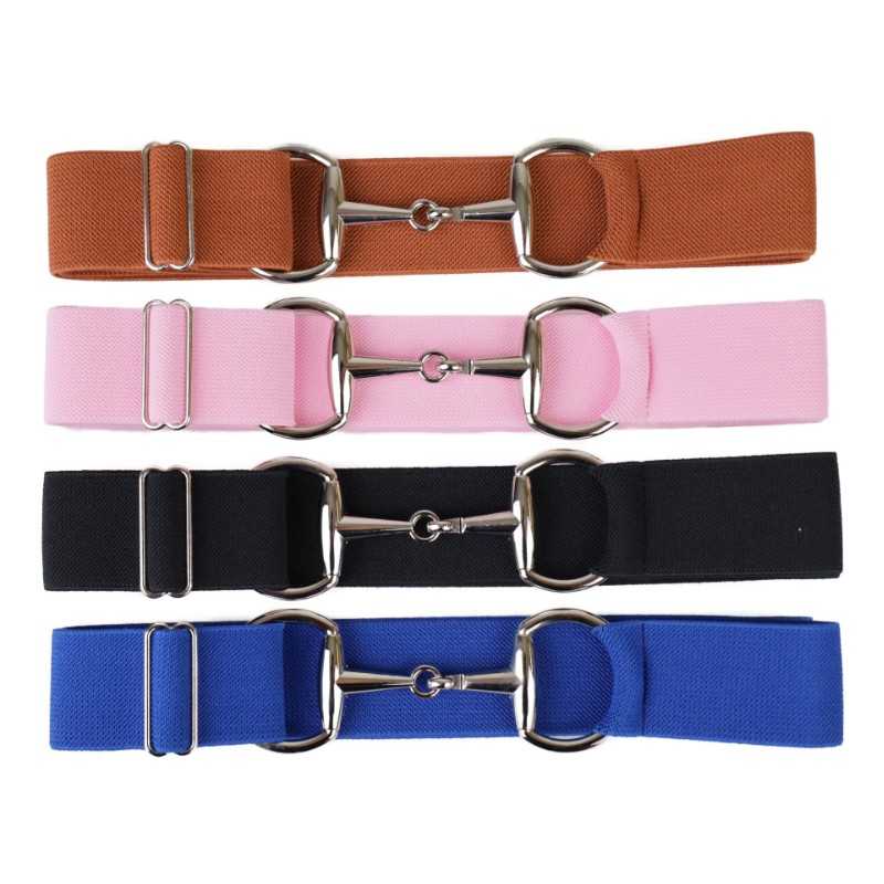 Conjunto de quatro cintos elásticos coloridos com fivelas metálicas prateadas.