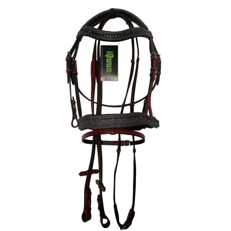 Bridão em couro castanho e preto com adornos em strass e etiqueta Equus