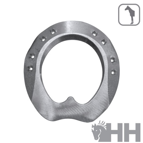 Ferradura metálica prateada com furos e logo HH cinza