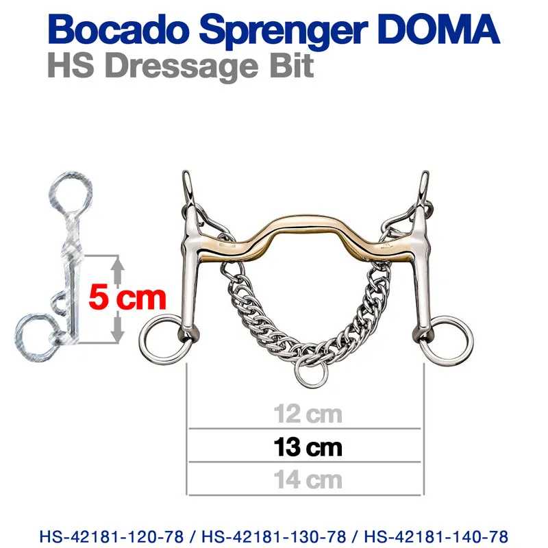 Bocado Sprenger HS Dressage Bit em metal com corrente e dimensões indicadas