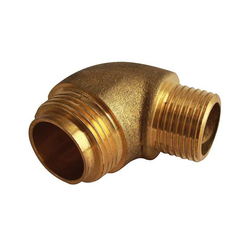 Conector de cano metálico dourado com roscas em cotovelo