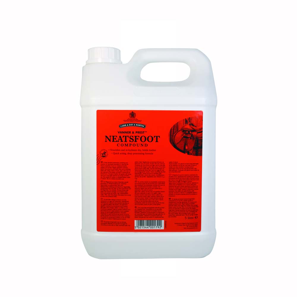 Recipiente branco de plástico com rótulo vermelho e texto preto de produto Neatsfoot Compound