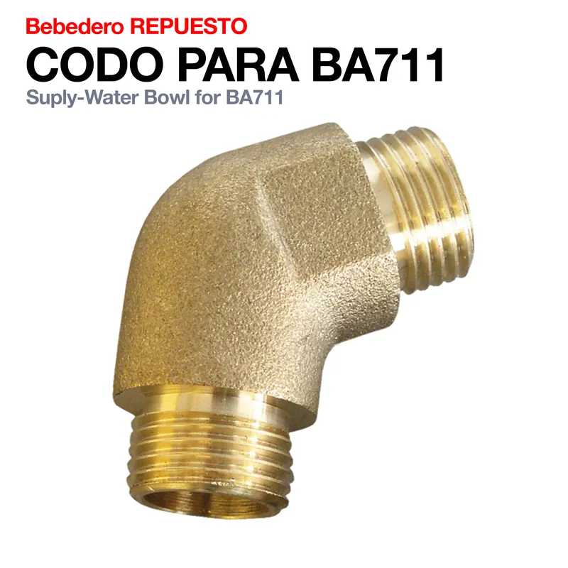 Cotovelo metálico dourado com roscas para tubo, texto Bebedero REPUESTO CODO PARA BA711