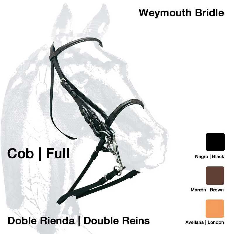 Cabresto Weymouth Bridle com duplo freio nas cores Preto, Castanho e Bege