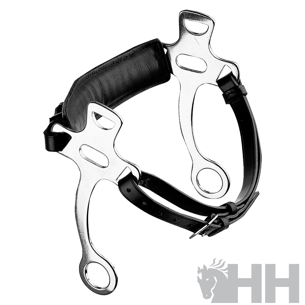 Espora de equitação em metal prateado com apoio acolchoado e correias em couro preto