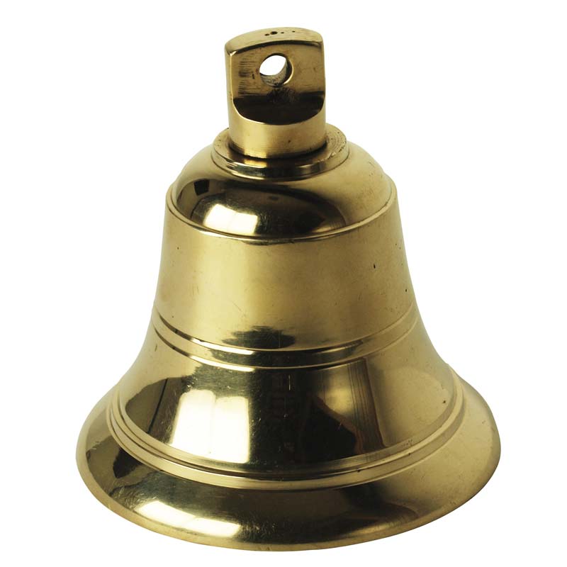 Campainha de metal dourado brilhante com suporte na parte superior