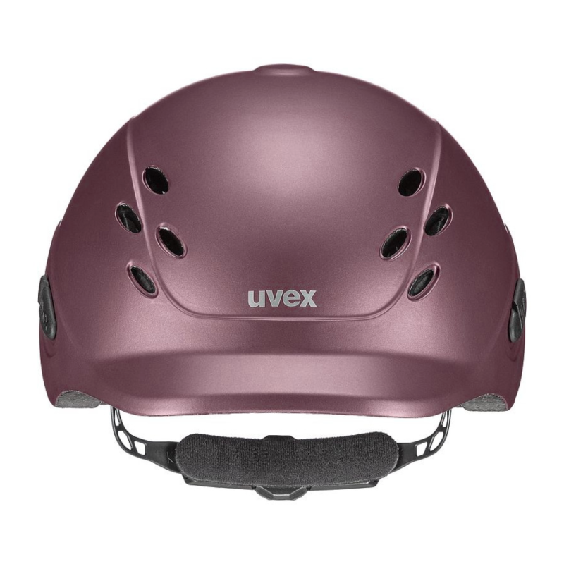 Capacete de cor roxa com ventilação e logótipo uvex
