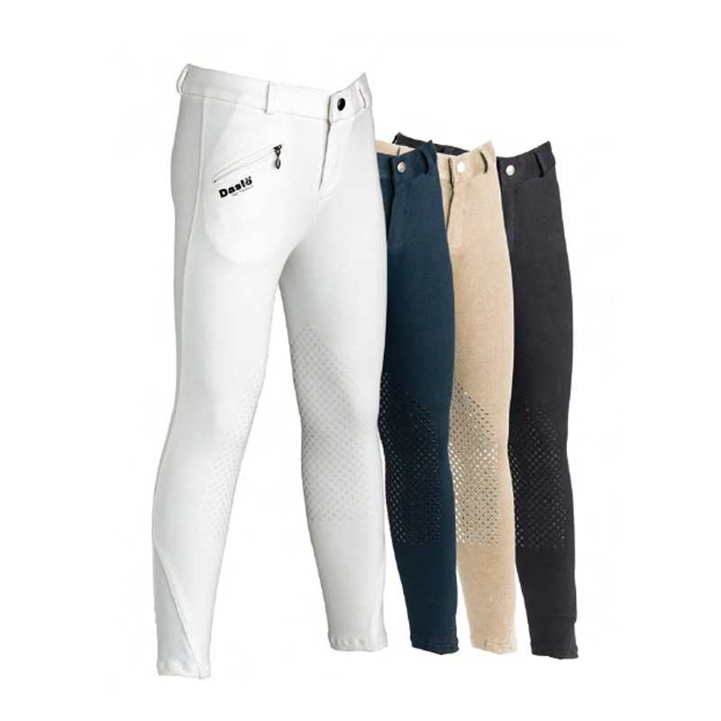 Calças de equitação em branco, azul escuro, bege e preto com textura antiderrapante e bolso com fecho