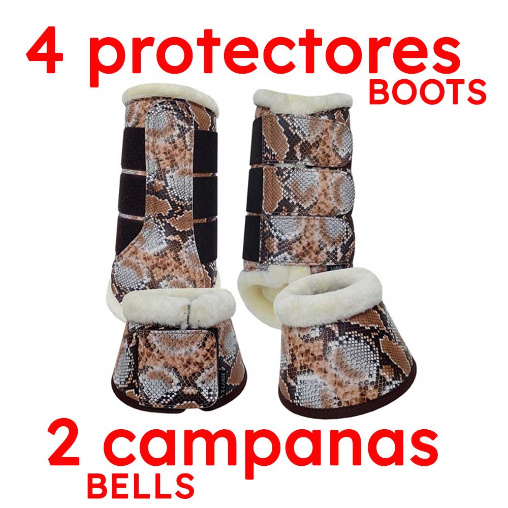 4 protectores e 2 campanas para cavalos com padrão de pele de cobra e forro branco
