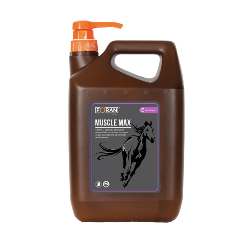 Recipiente plástico castanho com tampa de bomba laranja e suplemento FORAN MUSCLE MAX