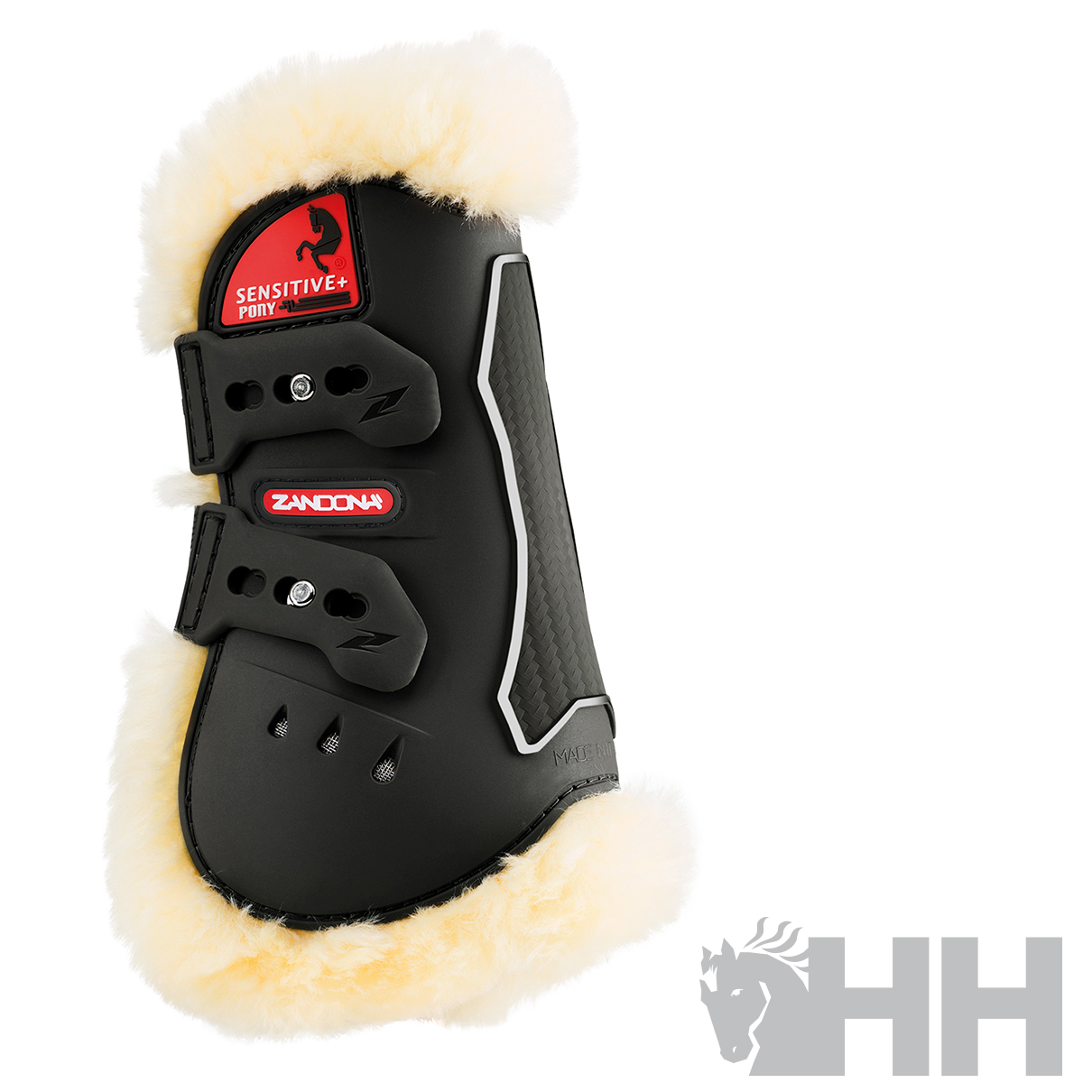 Protetor para cavalo preto com pelo sintético amarelo e etiquetas vermelhas