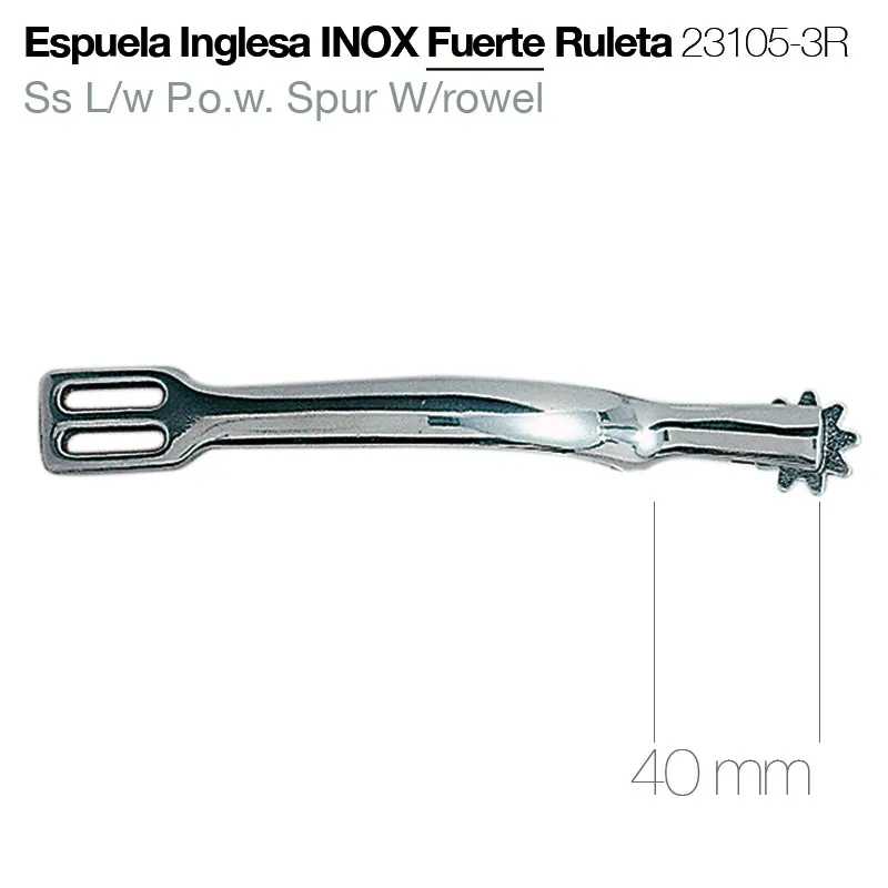 Espora inglesa em inox com rolete e texto técnico