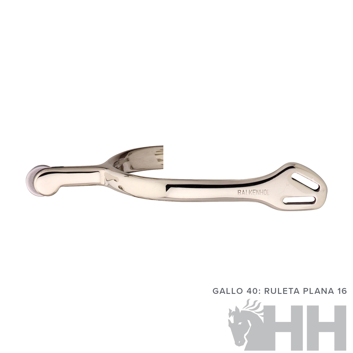 Espora metálica prateada com design côncavo e inscrições visíveis