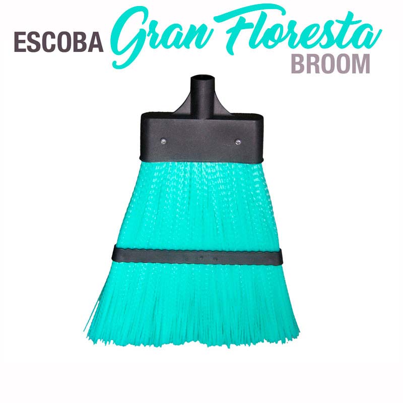 Escova de varrer com cerdas azuis e suporte preto em fundo branco