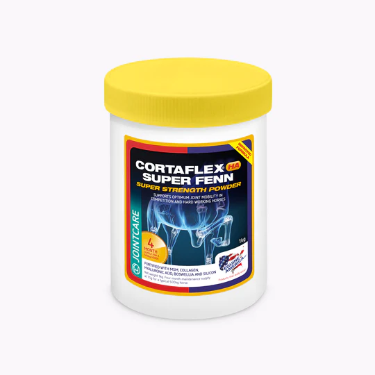 Frasco branco com tampa amarela de pó para articulações Cortaflex Super Fenn